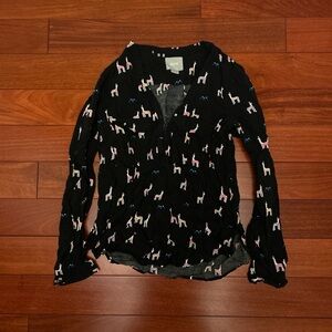 Anthropologie Black Blouse with Pink & White Llama Print